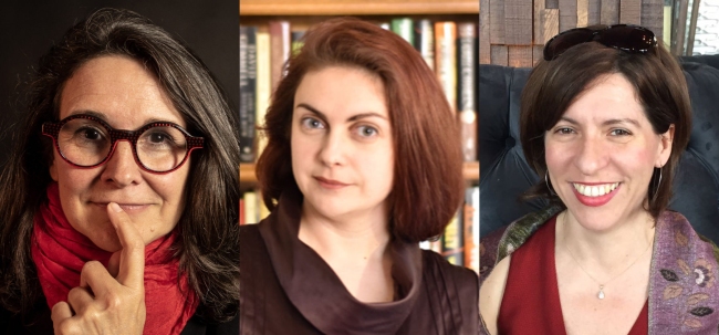 Tres fotos separadas de tres autoras y profesoras en Phantastica: Susana Vallejo, Sofía Rhei y Cristina Jurado.