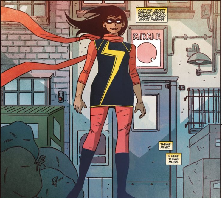 La Kamala del comic, vestida con su traje de superheroína y pose de molar pensando que le falta un tema musical para tener el pack completo.