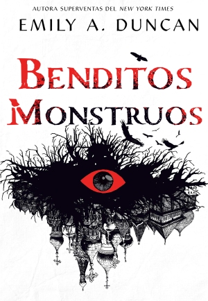 Un bosque en una mitad superior, una ciudad de aire eslavo en la mitad inferior. En el centro un ojo rojo. El nombre de la autora y el título aparecen en la parte superior de la portada.