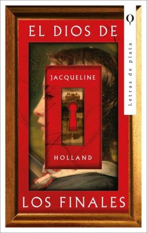 Retrato de lado de una mujer cortado por un rectángulo rojo que contiene una imagen de una casa delante de un lago y el ojo de una cerradura en color rojo también.