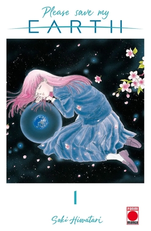 Chica con el pelo rosa y uniforme de colegiala japonesa duerme apoyada sobre una esfera que contiene la Tierra. Flota en el espacio y hay flores de cerezo flotando.